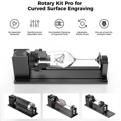 Falcon 10W Laser Engraver With Air Assist And Rotary Roller showing curved glass engraving setup