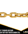 Top Shelf Grade 70 Chain 3 8 Inch By 400 Feet Heavy Duty Freight And Rigging Link with gold standard link chain close-up.