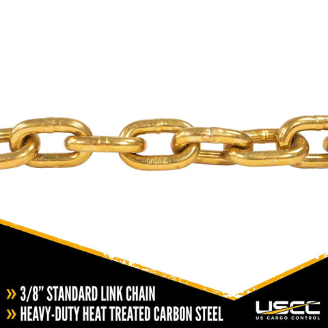 Top Shelf Grade 70 Chain 3 8 Inch By 400 Feet Heavy Duty Freight And Rigging Link with gold standard link chain close-up.