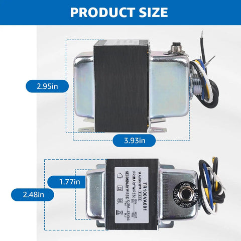 100VA 120V To 24V AC Transformer With Built In Circuit Breaker showing dimensions 2.95in x 3.93in, foot and hub mount view