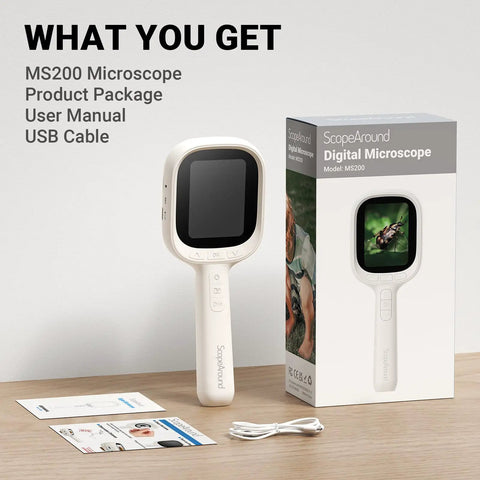 No Fuss Autofocus Digital Microscope With A 2.8 Inch IPS Screen For Quick Sharp Focus And Photo Capture Dual LED Illumination For Clear Detail Simple One Button Use That Anyone Can Master Ideal For Students Hobbyists And Makers. white handheld digital microscope, box, manual, USB cable