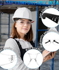 150 Piece Clear Safety Glasses Bulk ANSI Z87 1 Certified Eye Protection Built Tough For Men And Women worn by woman with hard hat.