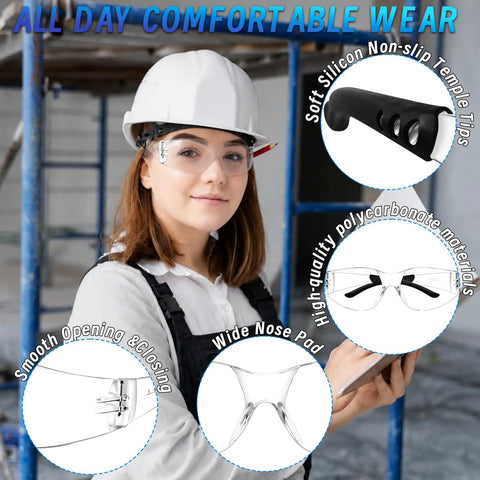 150 Piece Clear Safety Glasses Bulk ANSI Z87 1 Certified Eye Protection Built Tough For Men And Women worn by woman with hard hat.