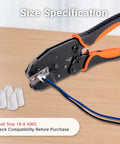 Side view of electrical crimping tool with orange and black grips; 4 ceramic wire nuts and blue/black wires