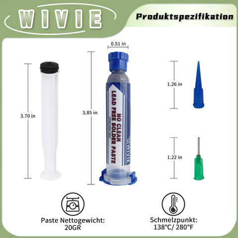 Low-Temp Lead-Free Solder Paste For Precision Soldering With Tin-Bismuth Alloy tube, nozzle tips, and size specifications