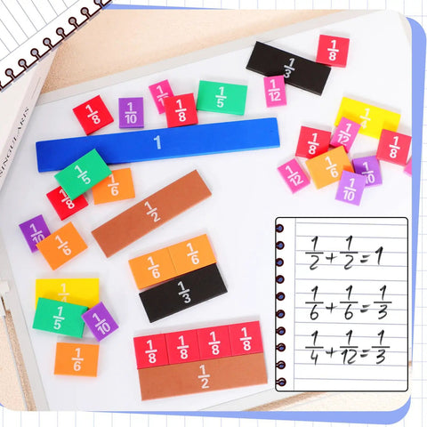 Colorful 12 Sets Fraction Tiles For Classroom And Homeschool Durable EVA Foam Manipulatives arranged on a whiteboard with notes