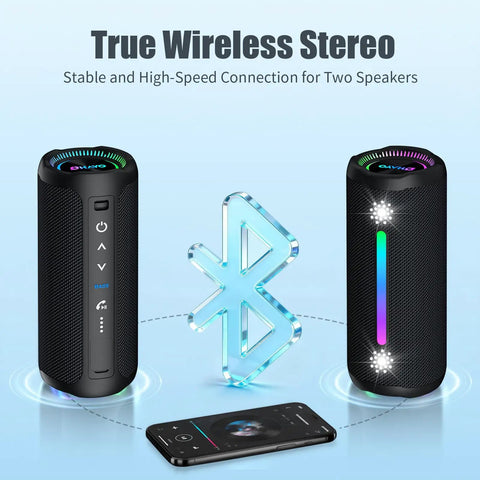 Outdoor Waterproof Bluetooth Speaker With Bass Boost And 35W Power For Loud Stereo Sound IPX7 Portable Party Speaker For Beach Or Home 24-Hour Playtime Colorful Lights Bluetooth 5.3 TWS Pairing Great Gift, featuring TWS pairing with smartphone, visible colorful lights and Bluetooth icon.