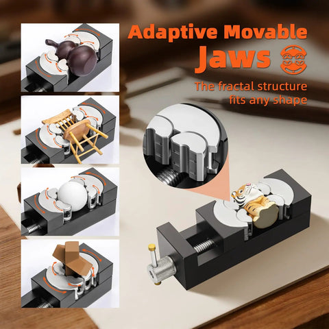 Image of Precision Mini Drill Press Vise Featuring Self Adjusting Fractal Grips, showing adaptive jaws holding various shapes.
