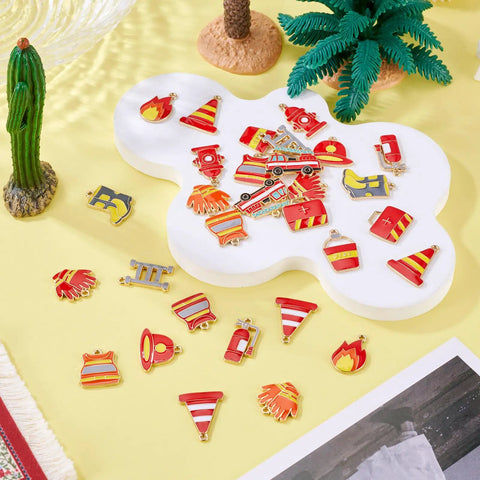 Firefighter Enamel Charms Set 30 Pieces In 15 Styles For DIY Jewelry Making Necklaces And Keychains Fire Truck Helmet Extinguisher Boots Hose And More Metal Charms In Vibrant Colors on display.
