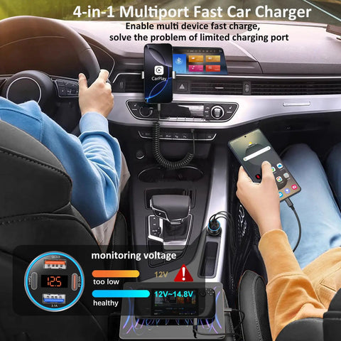 Quad Port Usb C Car Charger With Digital Voltage Gauge And Pd Fast Charge Tech For All Phones And Tablets Road Trip Ready Slick Black Finish in a car, charging devices.