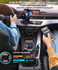 Hella Fast 65W Four Port USB C Car Charger includes six foot Type C cord, monitoring voltage in a car interior.