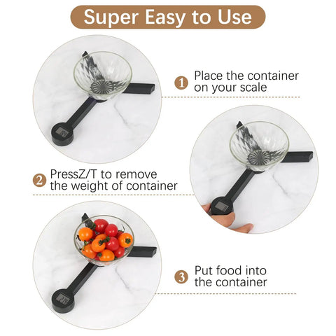 Instructions for using the Folding Food Scale for Kitchen and Travel, Digital Pocket Scale With Grab-and-Go Convenience in three steps.