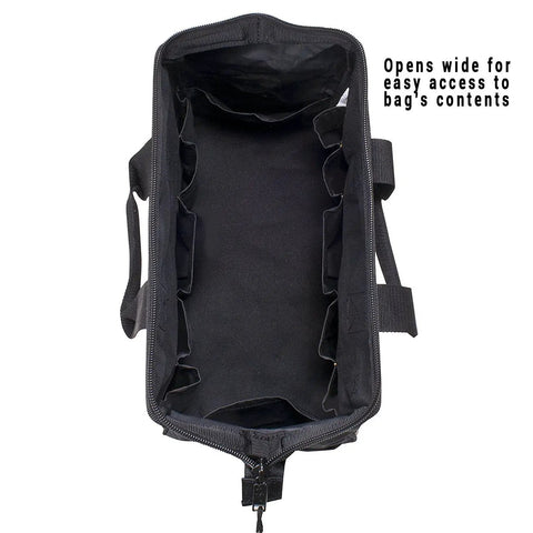Top view of open BigMouth 22 Pocket Tool Bag With Wide Opening 12 Inside Pockets And 10 Exterior Pockets Heavy Duty Build
