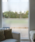 Privacy Window Film Linia Stripes 26 By 59 Inch Roll Reusable Static Cling Self Adhesive Glass Film installed on patio door