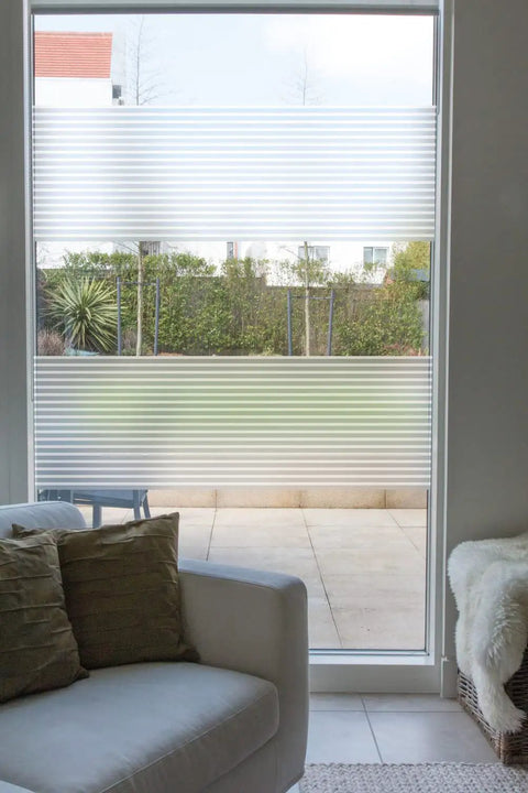Privacy Window Film Linia Stripes 26 By 59 Inch Roll Reusable Static Cling Self Adhesive Glass Film installed on patio door