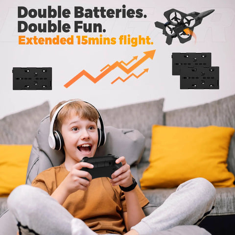 Child enjoying toy control of Mini RC Plane And Fighter Jet Drone For Adults And Kids, 360 Degree Flip, Headless Mode, Auto Hover.