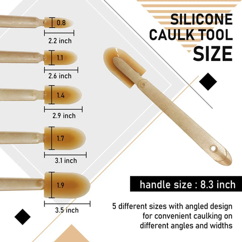 Pro Grade Silicone Caulking Tool Set Five Size Kit with measurements and silicone tips for smooth seams and quick finish.