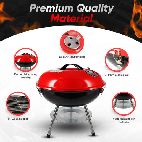 14 Inch Portable Charcoal BBQ Grill With 3 Point Locking Lid For Heat Preservation And Dual Venting System, details shown