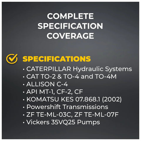 Beefed-Up Heavy Duty Transmission Fluid For CAT To-4 And Power Shift Gearboxes, Compatible With Caterpillar To-4, Komatsu, Vickers, ZF, 5 Gallon Pail, Superior Wear Protection And Lower Operating Temp, Direct Replacement For CAT TDTO 10W spec sheet