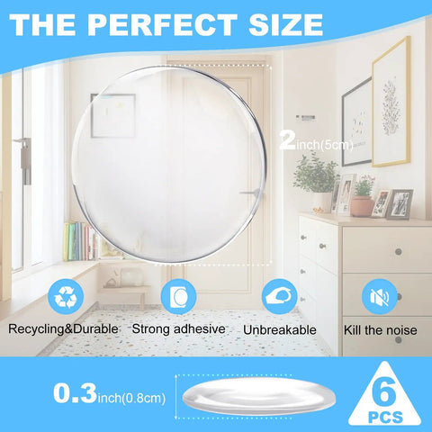 Clear Self Adhesive Door Stoppers For Walls, Heavy Duty Shock Absorbing Bumper Pads With Ultra Sticky Backing. 2 inch gel bumpers in a home setting.