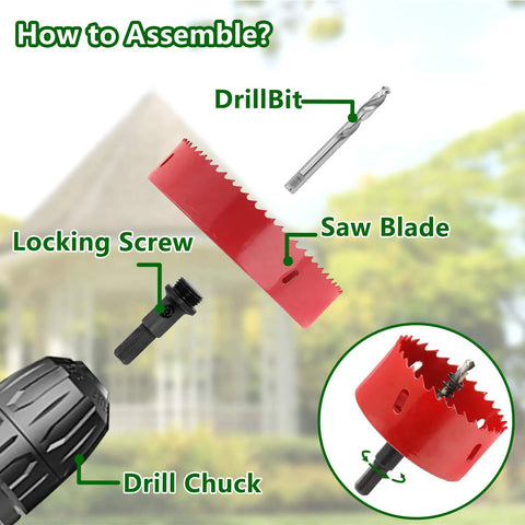 Assembly guide for 100mm 4 Hole Saw Set With 1.4 Inch Cutting Depth Bi Metal HSS Hole Cutter including parts drill bit and saw blade