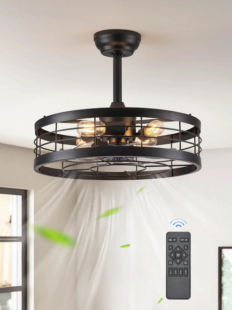 20 Inch Fandelier Caged Ceiling Fan With Light Dope Remote Control Bladeless Ceiling Fan installed in room