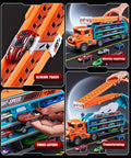 Foldable Two Layer Car Carrier Truck with 33 Inch Race Track and Six Metal Cars, converts from track to truck for play.