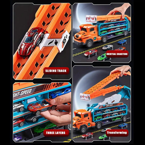 Foldable Two Layer Car Carrier Truck with 33 Inch Race Track and Six Metal Cars, converts from track to truck for play.