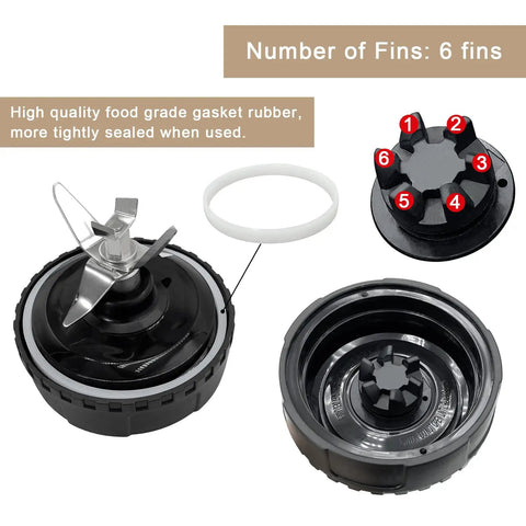 6 Fins Blender Extractor Blade Replacement for High Speed Blenders with 16 Oz Cups, stainless blade and gasket detail