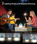 Family camping with 20W LED Camping Lantern Rechargeable, 1200LM Output, 3000mAh Battery, IP65 Waterproof shown on table