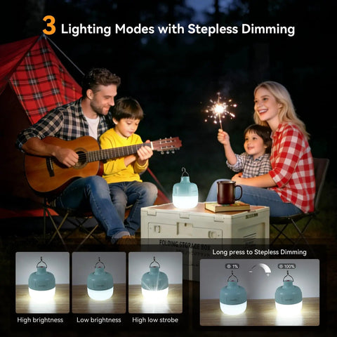 Family camping with 20W LED Camping Lantern Rechargeable, 1200LM Output, 3000mAh Battery, IP65 Waterproof shown on table