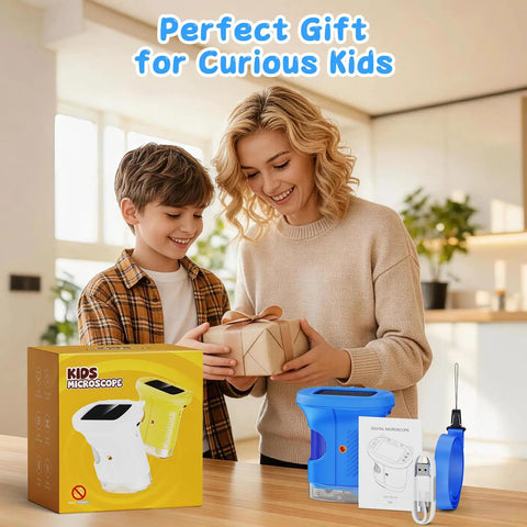 1000X Handheld Digital Microscope For Kids With USB Connection Real Time Live View Easy To Use Macro Zoom For Leaves Insects Coins Textures Fabrics And Stamps Kid Friendly STEM Toy In A Bright Blue Color, shown with box and accessories