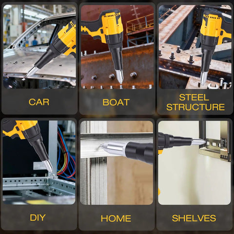 20V Cordless Rivet Gun With Brushless Motor And 2000 Lbs Kick Ass Power in action on car, boat, steel structure, DIY, home projects and shelves.