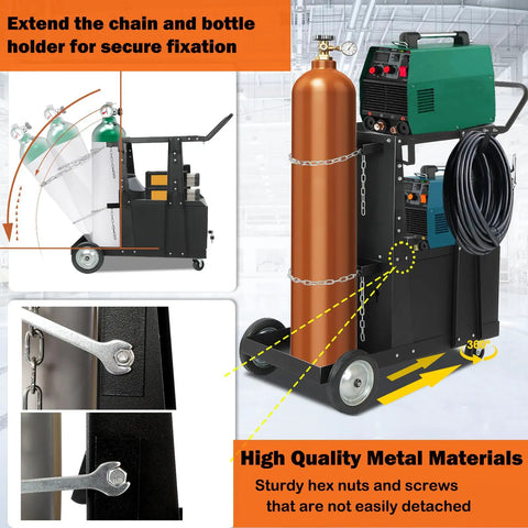 Beefy Heavy Duty Rolling Welder Cart With 360 Swivel Wheels holding welding machines and gas tank, hex nuts visible