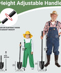 Height adjustable shovel with three sizes, showing adults and children using Heavy Duty Small Shovel For Digging With Long 43 Inch Handle.