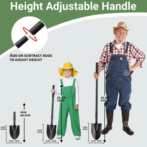 Height adjustable shovel with three sizes, showing adults and children using Heavy Duty Small Shovel For Digging With Long 43 Inch Handle.