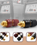 Solid 1/4 Inch Copper Battery Terminal Studs In Red And Black, Heavy Duty Cable Connectors for your ride, showcasing M6 threads and gold connectors.