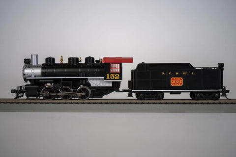 USRA 0-6-0 Steam Locomotive With Smoke And Short Haul Tender NC And St Louis 152 HO Scale Loco on track side view