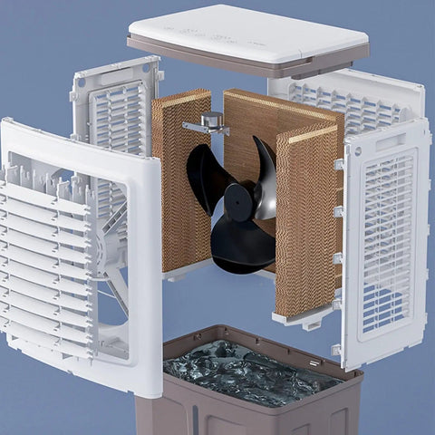 Portable Ice Cooling Evaporative Air Cooler With Three Speed Settings Kills The Humidity And Keeps You Cool As A Cucumber, revealing internal components.