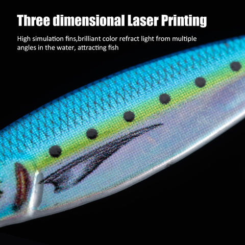 Close-up of Lead Vertical Saltwater Jig Lures Set Killer Pro Grade With Assist Hook And Treble Hook For Tuna Salmon Striped Bass Grouper Kingfish 15g 6 Pack Jigging Spoon Lures Realistic 3D Laser Coated Finish with detailed texture and colors.