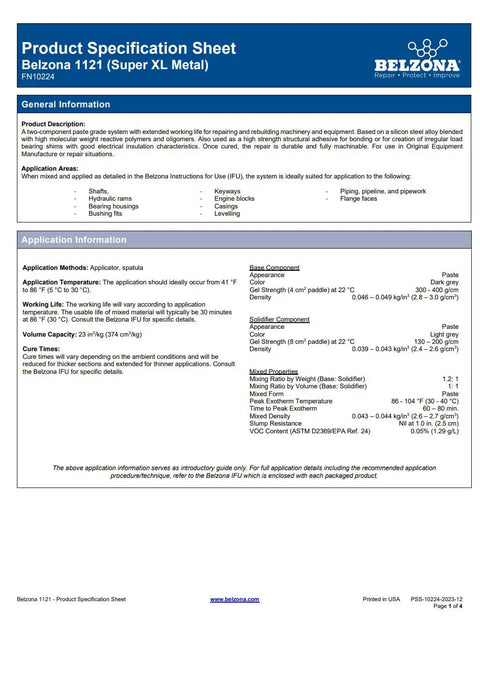 Product specification sheet for Super XL Metal Repair Composite Kit 1kg Two Part Epoxy Resin for metal repair and surface rebuild.