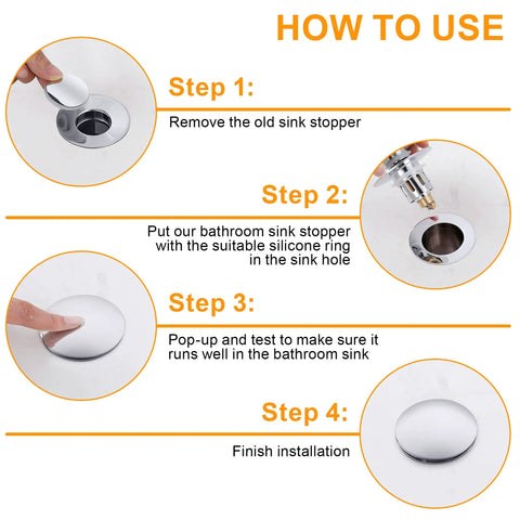 Installation steps for Pop Up Sink Stopper For 1.1 To 1.5 Inch Drains, Stainless Steel Hair Catcher Drain Filter, Easy Install Chrome Finish.