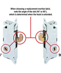 Two E 2199 Stainless Steel Mortise Locks with adjustable spring loaded hook latch for sliding patio doors, 45° and 90° keyways shown.