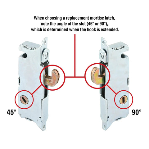 Two E 2199 Stainless Steel Mortise Locks with adjustable spring loaded hook latch for sliding patio doors, 45° and 90° keyways shown.