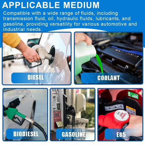 Various fuels including diesel, coolant, biodiesel, gasoline, and E85 illustrating compatible mediums for auto hoses.