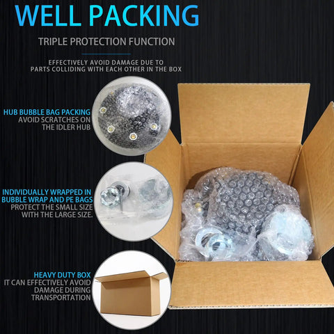 Trailer Hub Kit 8 Bolt 6.5 Inch For 7000 Lb Trailer Axle pre-packed in bubble wrap for protection inside a heavy duty box.