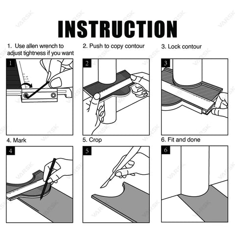 Instruction steps for Contour Gauge Tool With Lock 10 Inch Irregular Shape Duplicator for DIY projects.