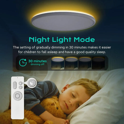 Flush Mount Ceiling Light Fixture With Remote Control, Round LED Panel 15.8 Inch above sleeping child, night light mode