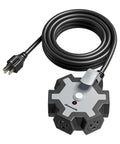 Heavy Duty 15 Feet Extension Cord With Five Outlet Power Hub For Workshop And Job Sites Fo Sho Reliable Overload Protection Built In Circular Layout Fits Bulky Plugs Straight Up Essential Gear with a black durable cord and multi-outlet hub.