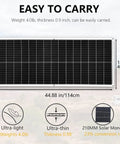 Ultra Lightweight 200W 12V Flexible Solar Panel Kit With Two 100W Monocrystalline Fiberglass Modules 20A Controller shown lightweight and dimensions.
